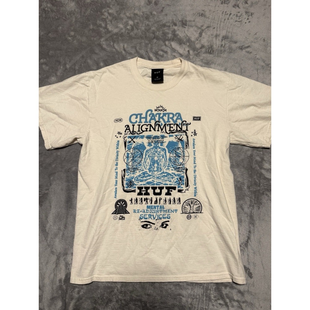 HUF T-shirt Mens Medium Ivory‎ Chakra Alignment Graphic Tee Beige